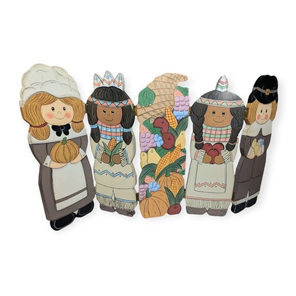 Vintage Hand Painted Thanksgiving Figures Foldable Wooden 5 Panel - Picture 1 of 11
